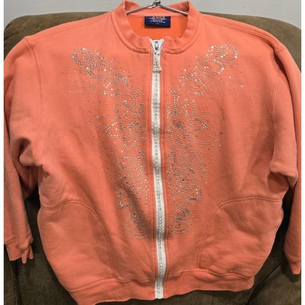 Y2K Rhinestone Zip‎ Jacket Womens M Coral Bedazzled Crystal Glam McBling 2000s
